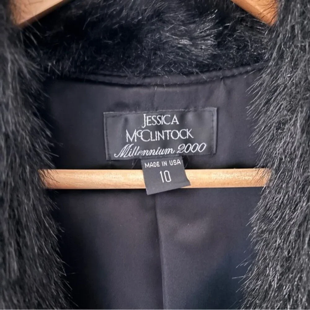 Jessica McClintock Vintage Black Satin Faux Fur Blazer Jacket Zip Up Size S / M - Picture 6 of 11